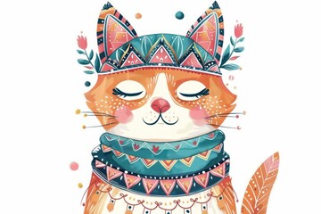 Fototapeta premium Boho Vector Art of cat art illustrated dessert.