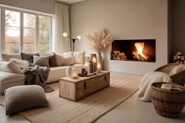 Naklejka premium Bright living room interior with fireplace architecture furniture building.