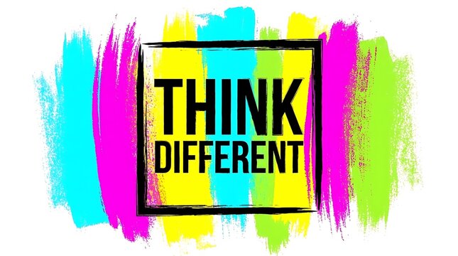Think different motivational phrase inside a black square frame with colorful brush