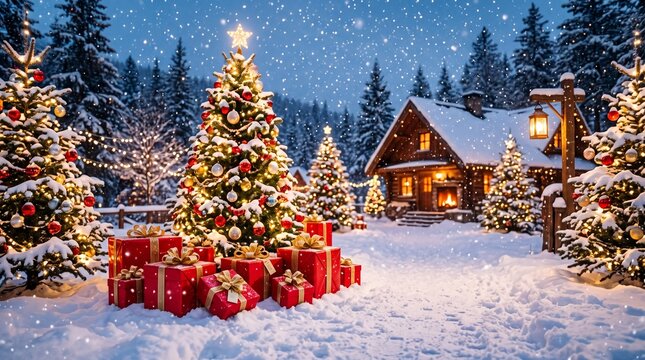Christmas village scene with snow and colorful gift boxes
