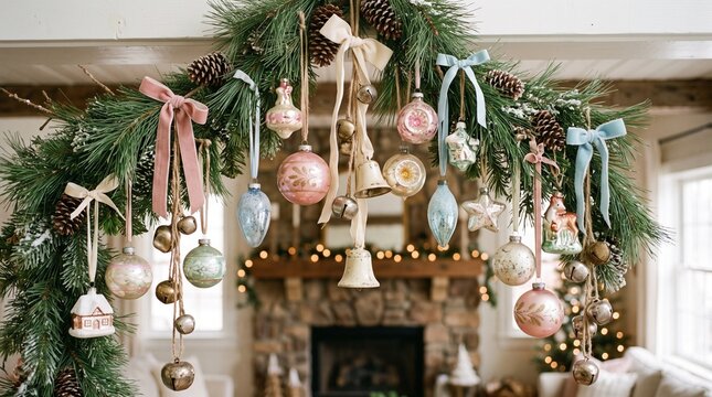Colorful hanging glass and ceramic ornaments with pink flowers