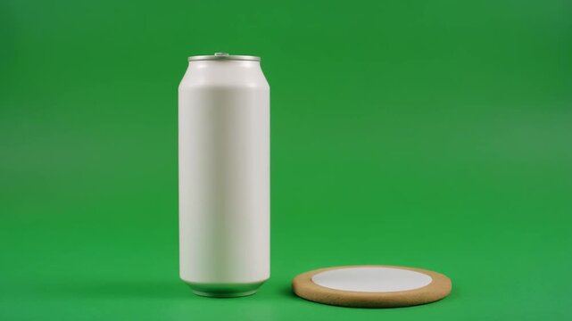 White beverage can standing on round coaster with subtle tilt during studio lighting on a clean green background