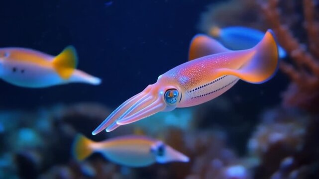 Small squid swimming elegantly through vibrant coral reef with fish during clear day underwater lighting