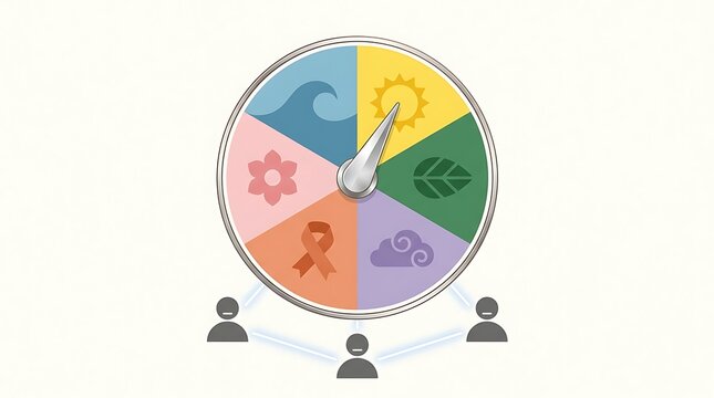 A circular gauge displays various natural and social symbols connected to a group of people representing unity and cooperation towards sustainability goals and environmental awareness for the