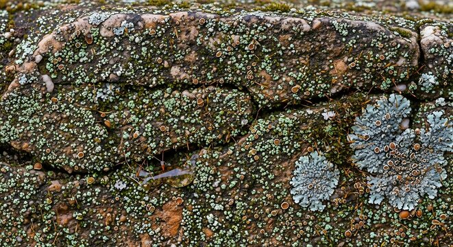 Close-up texture of weathered rock surface covered with patches of green moss