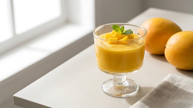Fresh mango pudding in a glass cup with mint leaves and whole mangoes on a table by the window. Mango Mousse Recipe