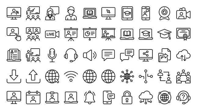 Webinar and Online Education Editable Line Icon Set with Video Meetings, Remote Learning, Web Conferences, Communication, and Global Network Symbols