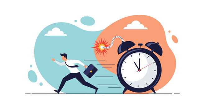Panicked businessman carrying a briefcase and running away from a giant alarm clock bomb, representing deadline pressure and workplace stress.