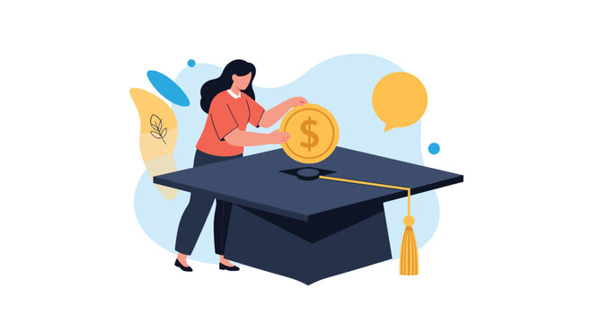 Student placing a large gold dollar coin into a giant graduation cap, symbolizing the investment in education and the high cost of university.