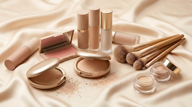Set of luxury makeup products with brushes and compact powder on a light surface. discounted cosmetic packs