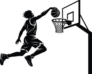 Basketball player slam dunking ball into hoop net black silhouette vector artwork isolated on white background layout © MdRakib