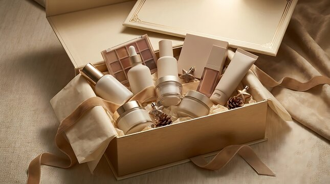 Natural organic skincare beauty products set in a cardboard gift box with ribbon decoration. discounted cosmetic packs