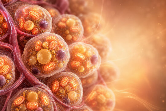 Brown fat cells generating heat with glowing mitochondria