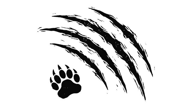Bear claw marks and paw print icon set, vector illustration of wild animal scratches and footprint