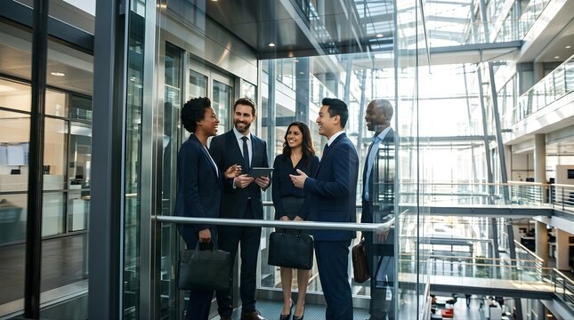 Diverse business team having a meeting inside a glass elevator in office