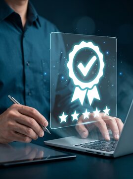 Corporate quality management featuring luminous certification emblem and five star service performance rating