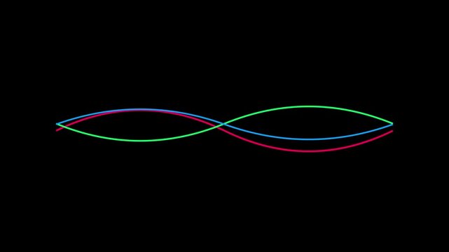 Abstract neon sine waves animation: colorful glowing oscillating lines on 4k black background, for technology and, science motion