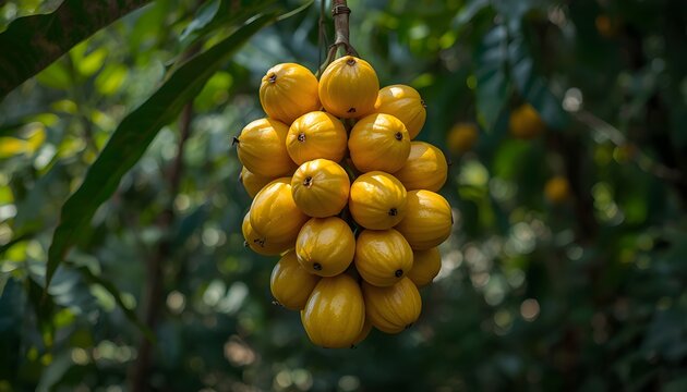 Ripe golden-yellow rambai tropical fruits growing in a dense cluster on a tree, surrounded by lush green foliage and illuminated by natural sunlight in a tropical garden.