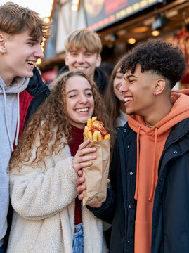 Group of Teenage Friends Smiling and Sharing Street Food at Outdoor Market