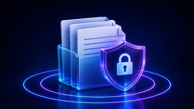 Glowing neon shield with padlock protecting glass folder containing confidential documents representing digital cybersecurity and data privacy protection