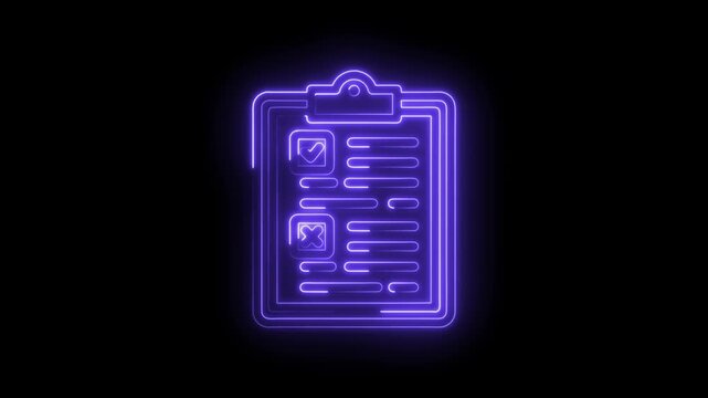 Glowing purple neon checklist clipboard with checkmark and cross icons on black background