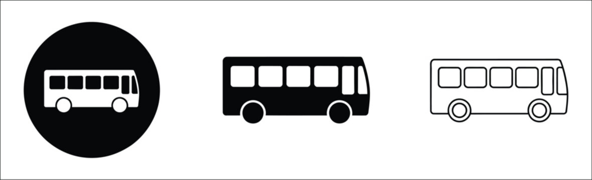 Bus icon vector set, public transport symbols and bus signage for travel apps, navigation systems, city transit, UI UX design, and transportation graphics