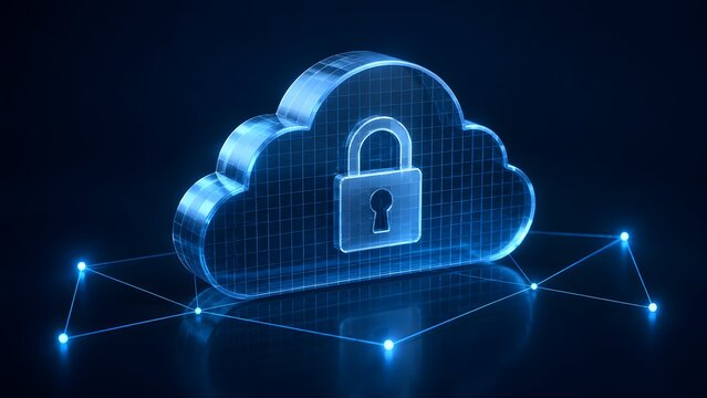 Futuristic blue glowing glass cloud computing icon with security padlock hovering over digital network grid representing safe online data storage