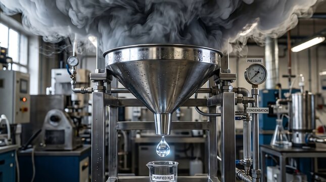 Industrial laboratory equipment emitting thick smoke while a single drop of liquid falls into a beaker