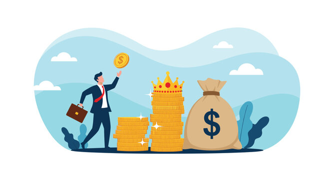 Wealthy businessman juggling a gold coin next to a large bag of money and a stack of coins with a royal crown represents riches.