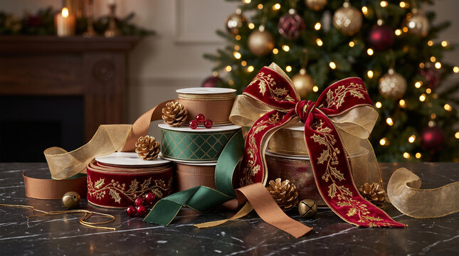 Elegant wrapped gifts and a cup of warm tea on a dark wooden surface perfect for illustrating cozy festive evenings and stylish holiday presents