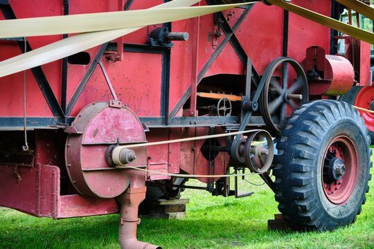 Agricultural history and rural traditions vintage threshing machine detail at the harvest festival in Orvelte museum village in Westerbork Netherlands