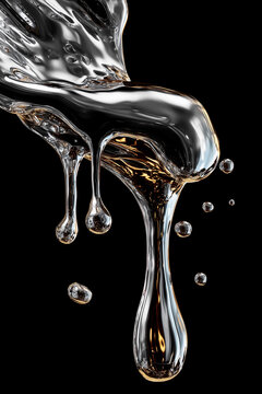 Dripping liquid forms glossy silver strands against black background. One heavy drop stretches downward while small beads float nearby, creating stark contrast and sleek abstract texture.