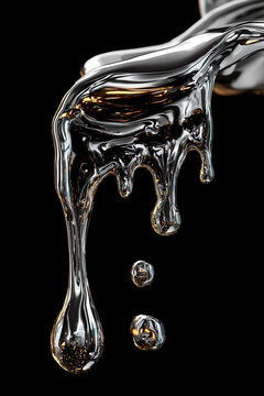 Liquid chrome drips from one bright mass and falls into separate droplets below. Mirrorlike surface bends light with gold reflections, while dark negative space keeps focus on sleek sci fi material