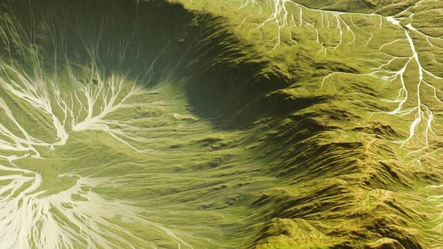 The view captures a large mountain landscape. It features various river patterns flowing through the green hills. This scene shows the interplay of nature.