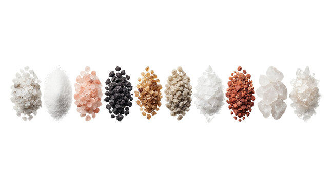 Gourmet sea salt collection, assorted colorful mineral salts in piles, culinary seasoning variety for cooking and wellness isolated PNG with Transparent Background