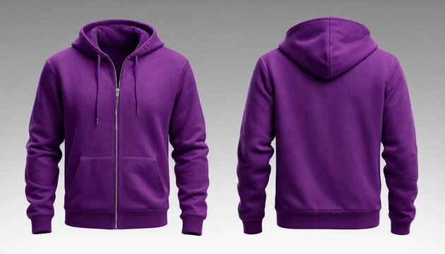 Front and back view of a purple zip up hoodie sweatshirt