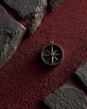Vintage brass compass rests on red terracota powder surrounded by dark slate stone slabs in a overhead view.