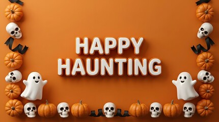 Fototapeta premium A festive halloween scene with playful ghosts skulls pumpkins and vibrant orange decorations