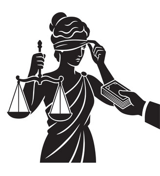Conceptual vector illustration of Lady Justice lifting her blindfold to accept a stack of bribe money. Symbol of legal corruption, injustice, and bribery isolated on white background.