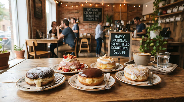 "HAPPY NATIONAL CREAM-FILLED DONUT DAY SEPT 19," a cup of coffee, and a glass of water in the foreground