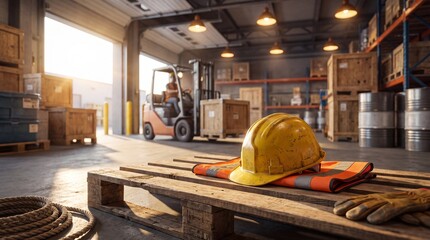 Fototapeta premium Industrial warehouse interior with yellow hard hat on wooden pallet. Forklift operator moving cargo crates in sunlit distribution center.