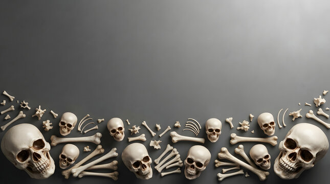 Human skulls and bones border frame on dark grey background for Halloween design