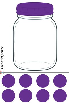 Preschool educational activity game with empty mason jar and purple