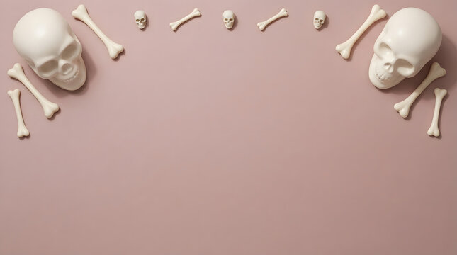 Halloween skull and bone border frame on a soft pink background for holiday design