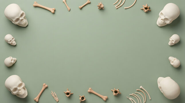 Halloween background frame with human skulls and bones on a soft green surface
