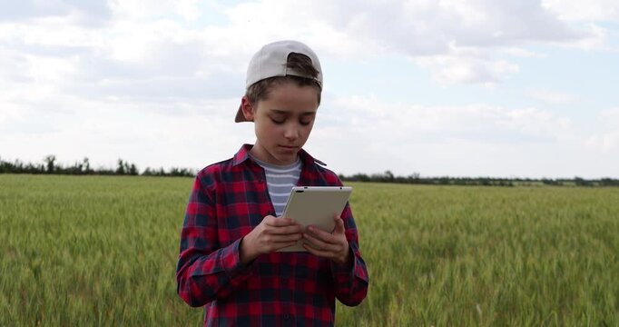 Young boy using tablet in wheat field. Kid interacts with technology outdoors. Beautiful landscape surrounds him, creating serene atmosphere for learning and exploration.