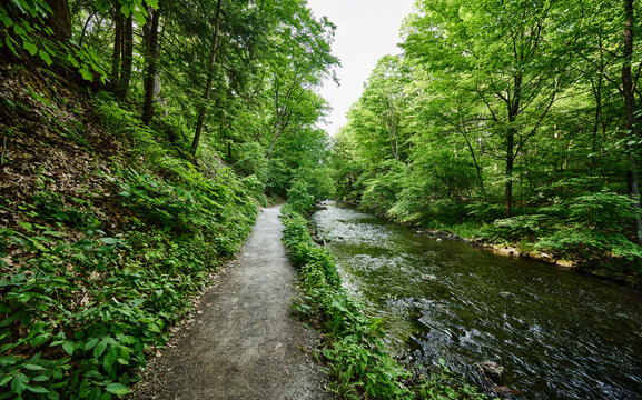 the streamside trail along Geyser Creek inside Saratoga Spa State Park, Saratoga Springs, New York