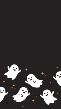 Cute Halloween ghosts on black background, spooky seasonal wallpaper with copy space, adorable flying ghost characters for social media