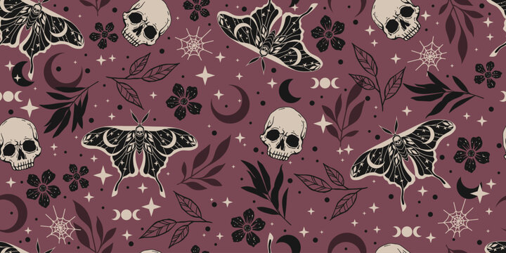 Halloween seamless pattern. Dark gothic vector texture with skulls, death's head moths, spider webs and crescent moon.