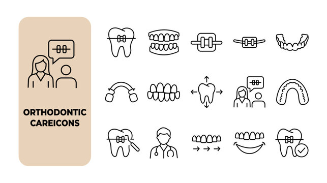Orthodontic care icon set. Dental braces, teeth alignment, orthodontist and mouthguard thin line icons. Editable stroke vector illustrations